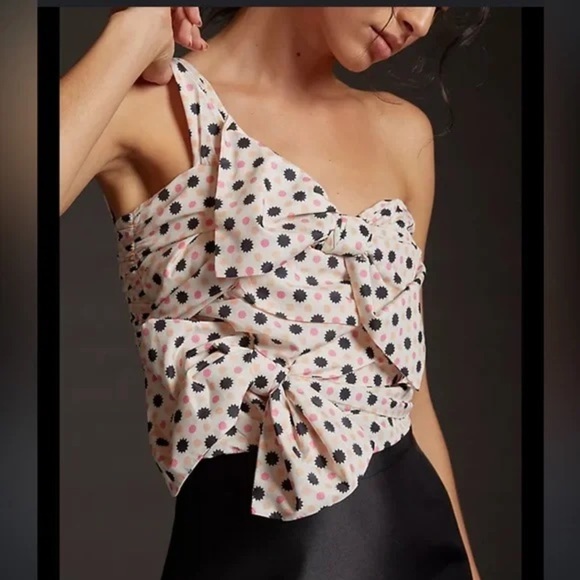 Maeve One Shoulder Polka Dot Bow Front Top Anthropologie Blouse 6 - Picture 1 of 7